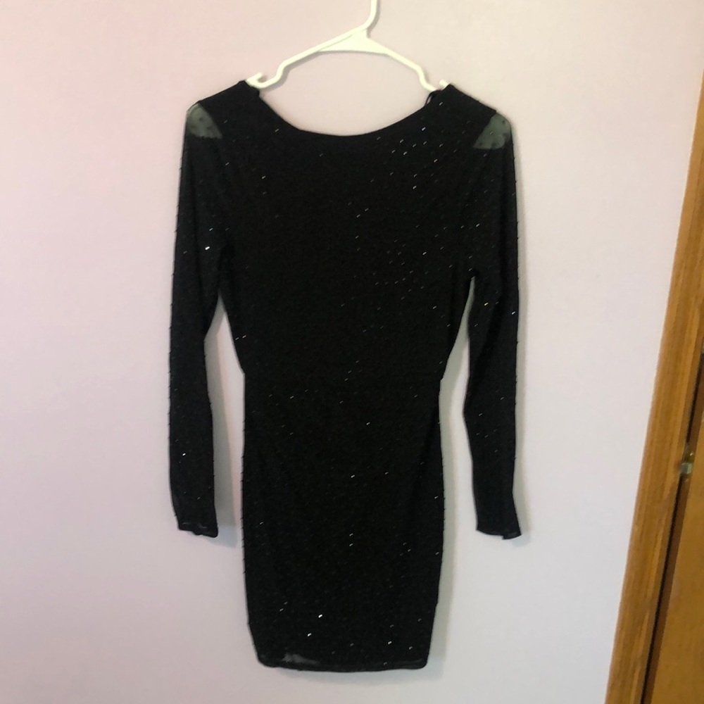 Windsor Black Sparkly Sheer Sleeve Long-sleeve Low Back Dress